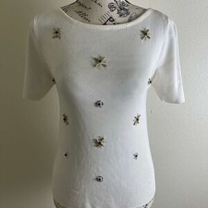 Zara Knit Womens Small Ivory Beaded Sequin Ribbed Short Sleeve Sweater Boat Neck